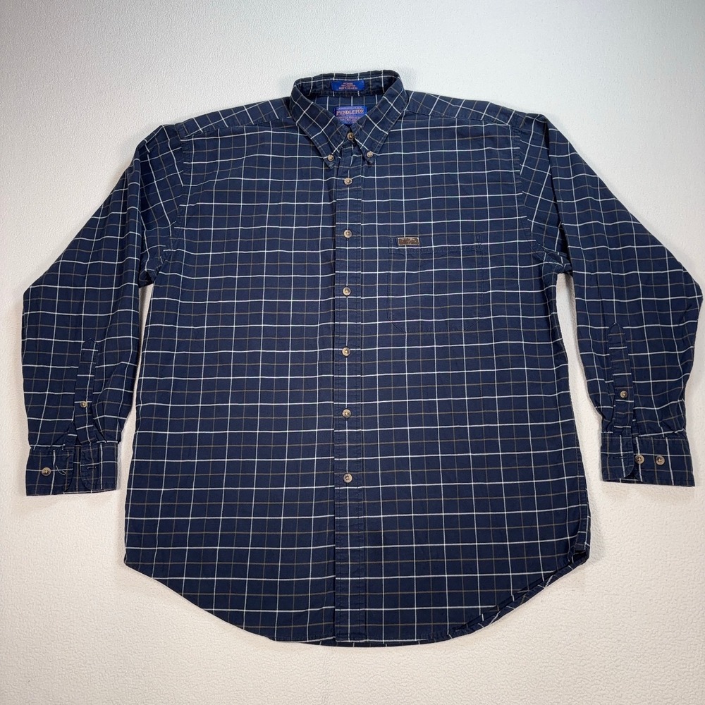 Pendleton Shirt Men's L‎ Navy Windowpane Plaid Cotton Pocket Button Down *Marks*